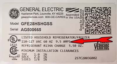 GE Refrigerator/Freezer Model# GFE28HSHGSS label with arrow pointing to 9.5 AMPS