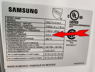 Manufactures label on a Samsung model RS27T5200SR refrigerator.