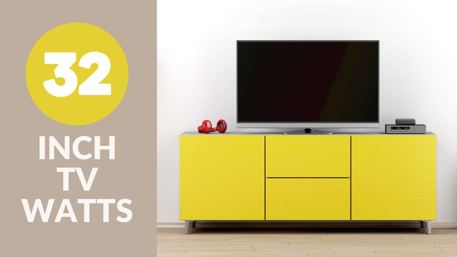 Image of a 32-inch tv mounted on wall over a yellow cabinet.